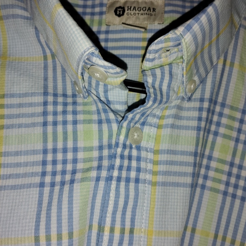 Haggar Men's L Shirt Light Blue Plaid Pastel‎ Short Sleeves Collared Button Down